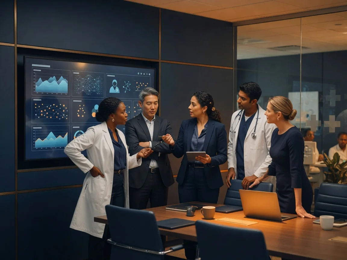 Healthcare team collaborating with AI analytics in modern medical office